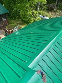 Green corrugated metal roof with a cabin and trees in the background.