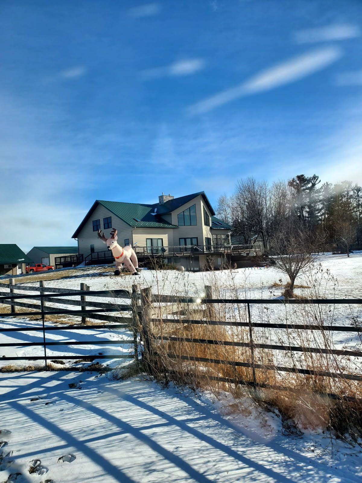 Snow-covered field with wooden fence and house. A large animal statue stands near the home under a blue sky.