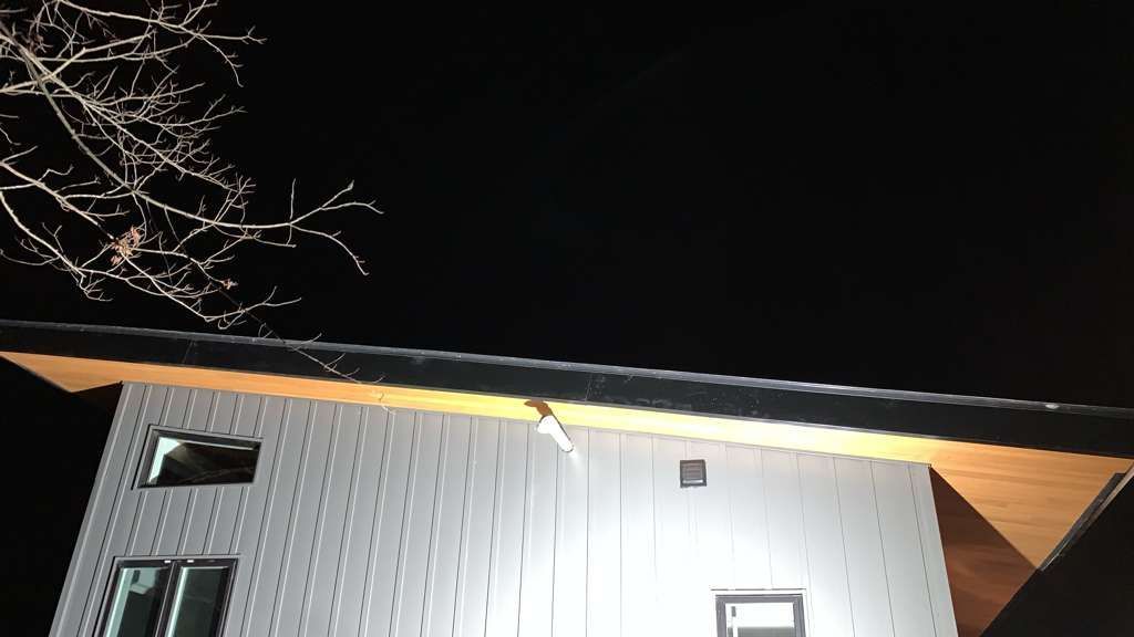 Modern house exterior at night, lit by spotlight. Tree branches overhead, dark sky.