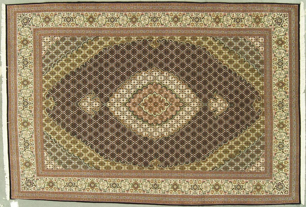 Oriental rug with brown, beige, and gold floral patterns and border