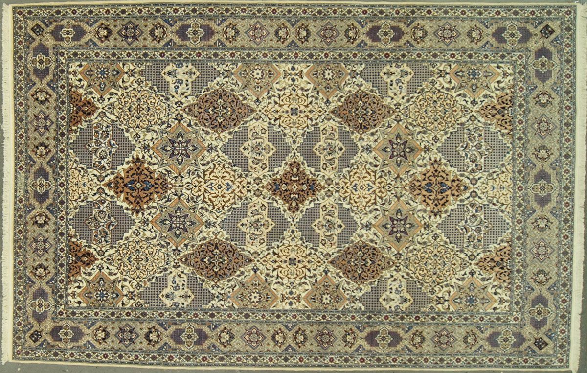 Oriental rug with a central medallion pattern in beige, blue, and brown