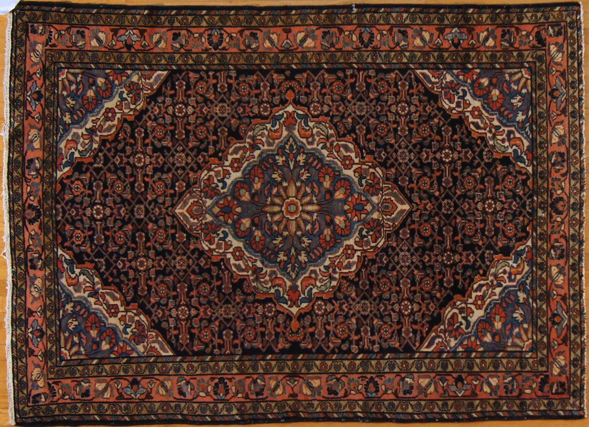 Dark blue and rust-colored Oriental rug with central medallion and border pattern