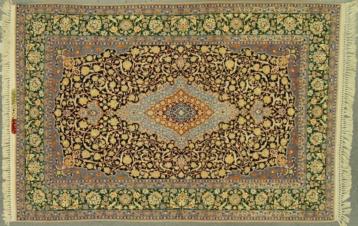 An ornate, rectangular Persian rug with a central medallion and floral patterns in green, gold, and dark brown
