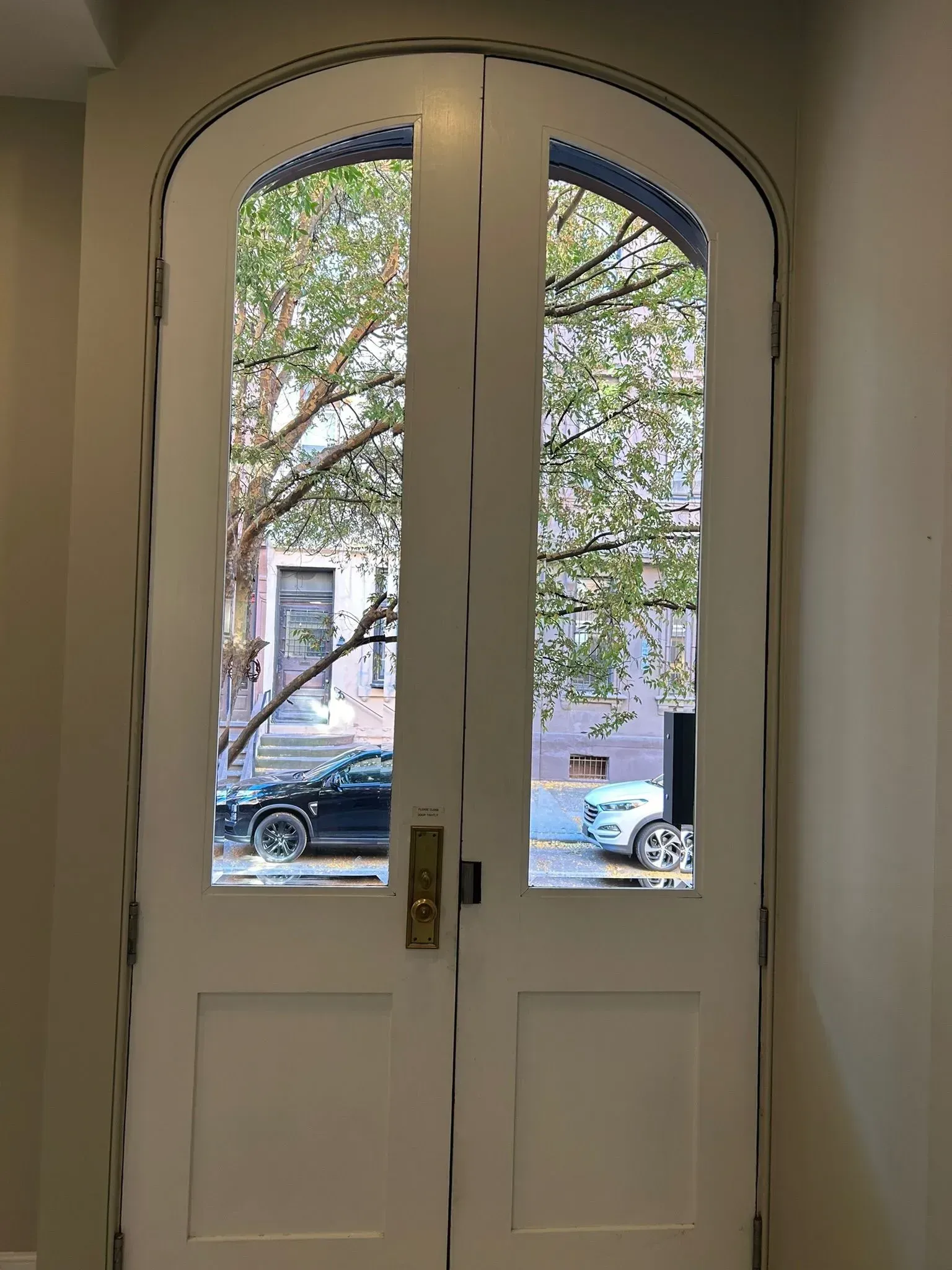 White arched double doors with glass panes, view of street, cars, and trees visible.