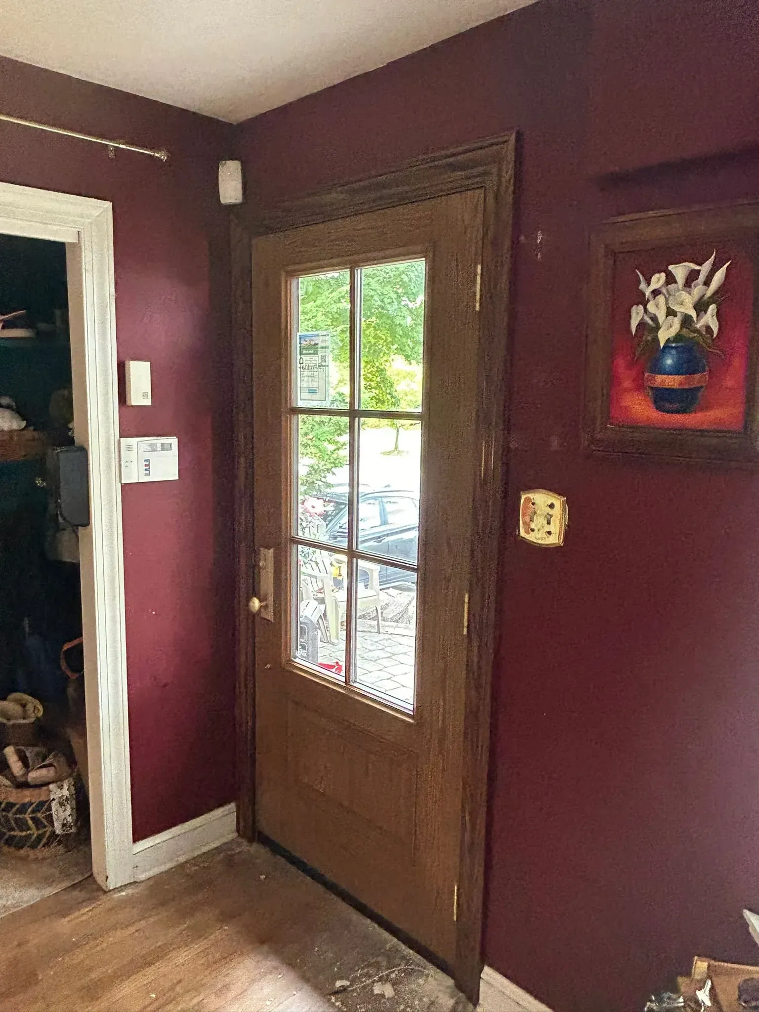 Door with glass panels, brown wood trim, and burgundy walls. A painting and light switch are also visible.