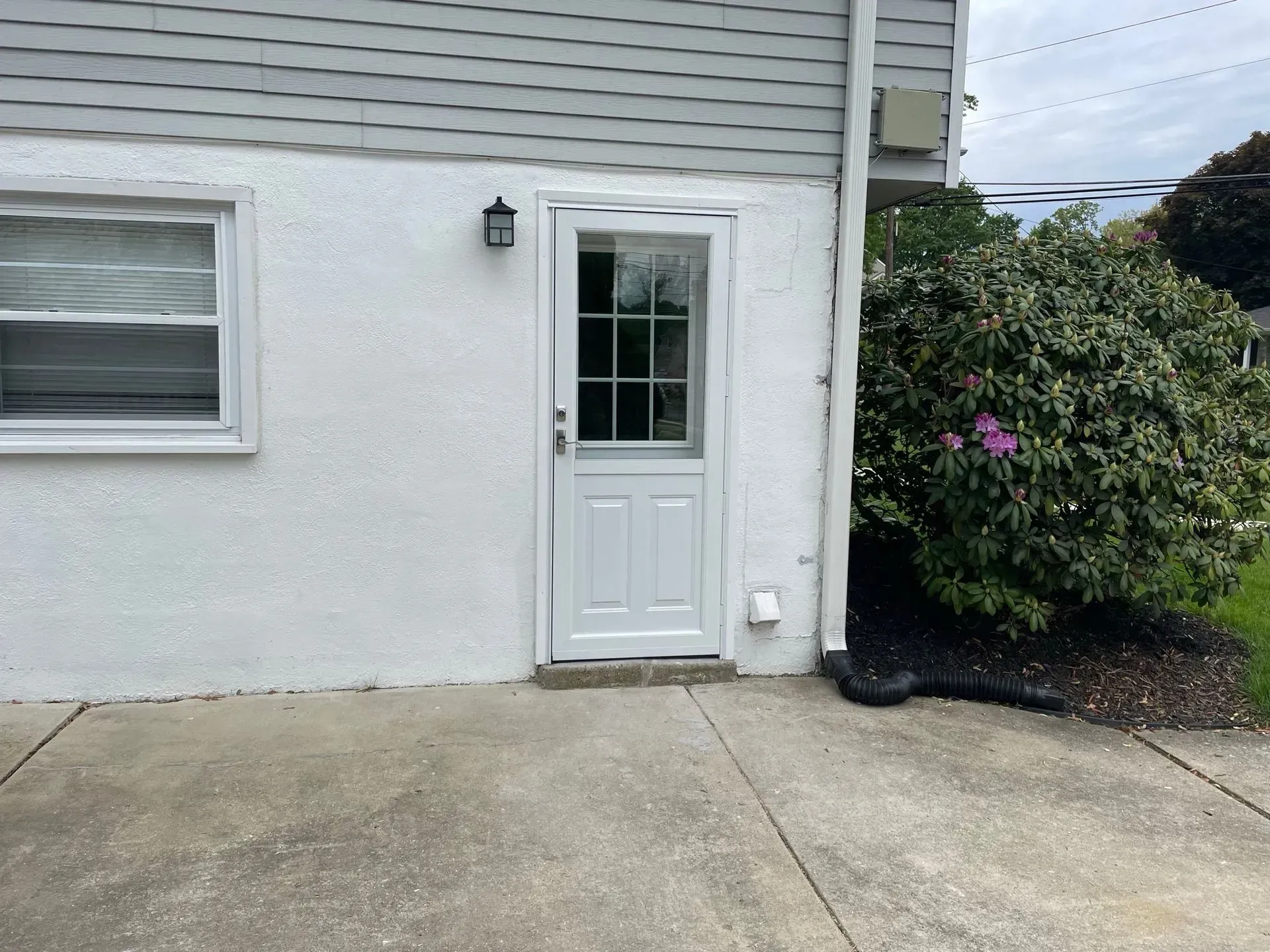 White door with glass pane and window on a stucco building exterior; shrubbery to the right.