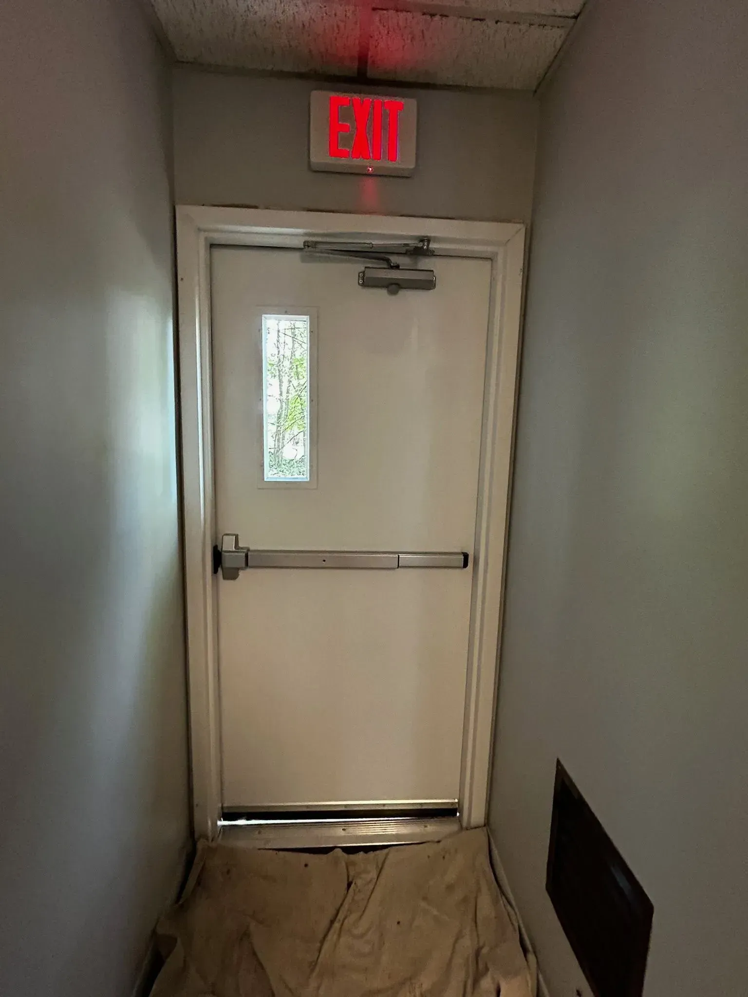 White door with a window and a bar, topped with an illuminated red exit sign.