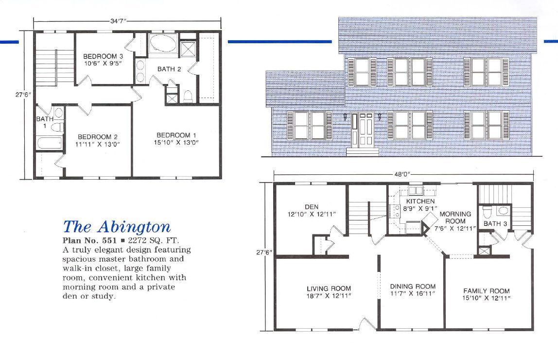 Architectural plans: floor plans and exterior view of 