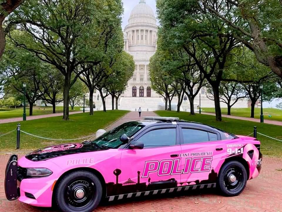 Pink police car parked in front of a capitol building.