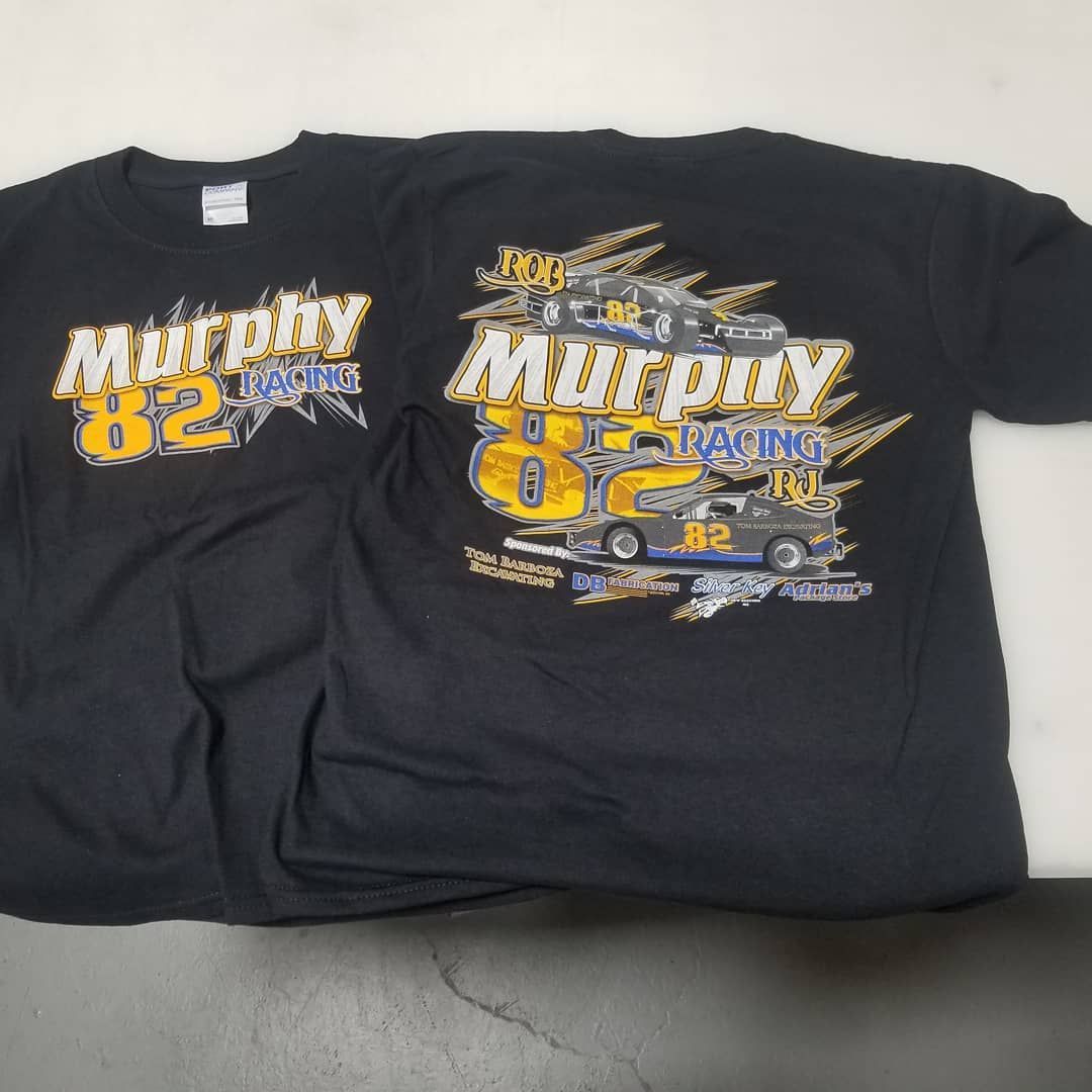 Two black t-shirts; one with 