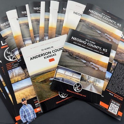 Brochures advertising land for sale in Neosho and Anderson Counties, Kansas. Features aerial views, black and orange color scheme.