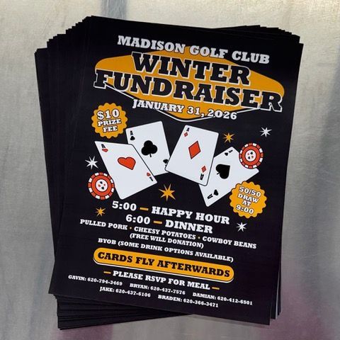 Flyers advertising a Madison Golf Club winter fundraiser. Features playing cards, food, and the date January 11, 2026.