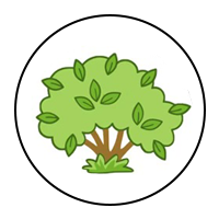 A green cartoon tree with brown trunk and leaves inside a white circle.
