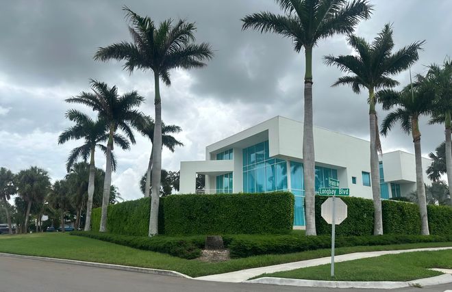 Modern white house behind green hedge and palm trees on a corner lot under cloudy skies.