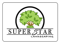 Logo for Super Star Landscaping, tree within a black circle, text below.