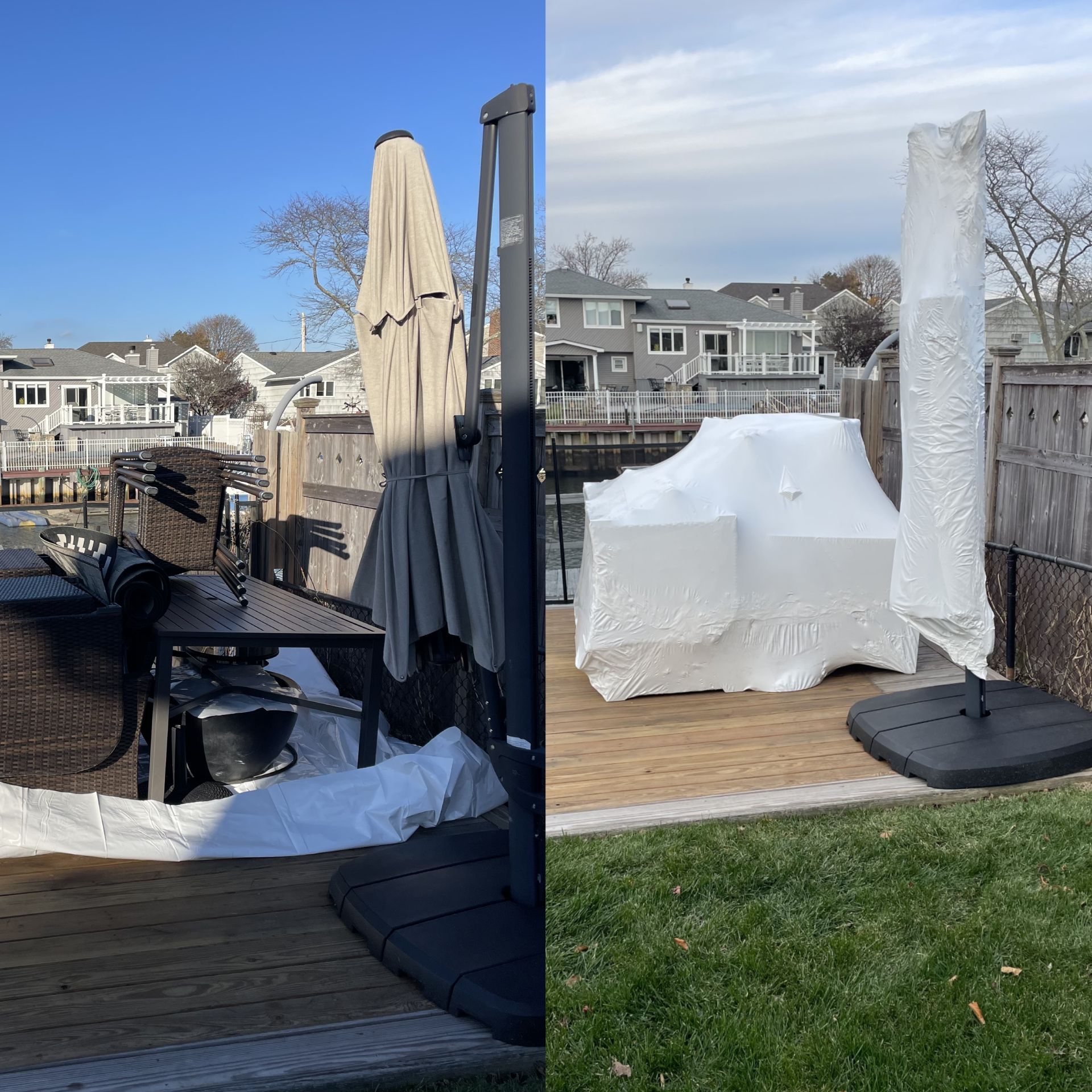 A before and after photo of a patio with umbrellas and chairs