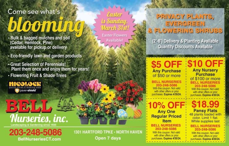 An advertisement for bell nurseries inc. with coupons