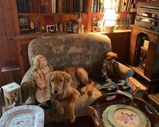 Antique items and dog on sofa