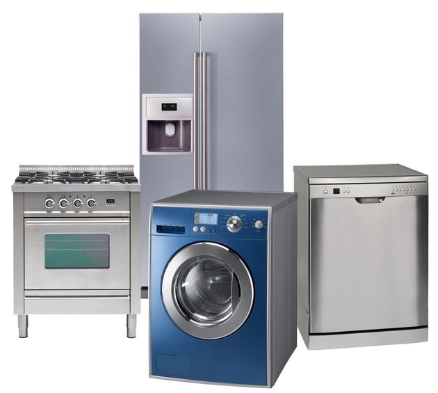 A stainless steel stove, refrigerator, blue washing machine, and dishwasher grouped together.