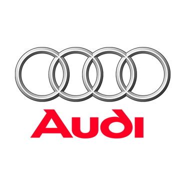 Audi logo with four silver rings above red wordmark on a white background