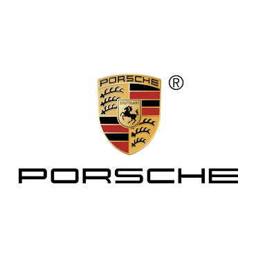 Porsche logo with gold, black, and red crest above the word PORSCHE on a white background