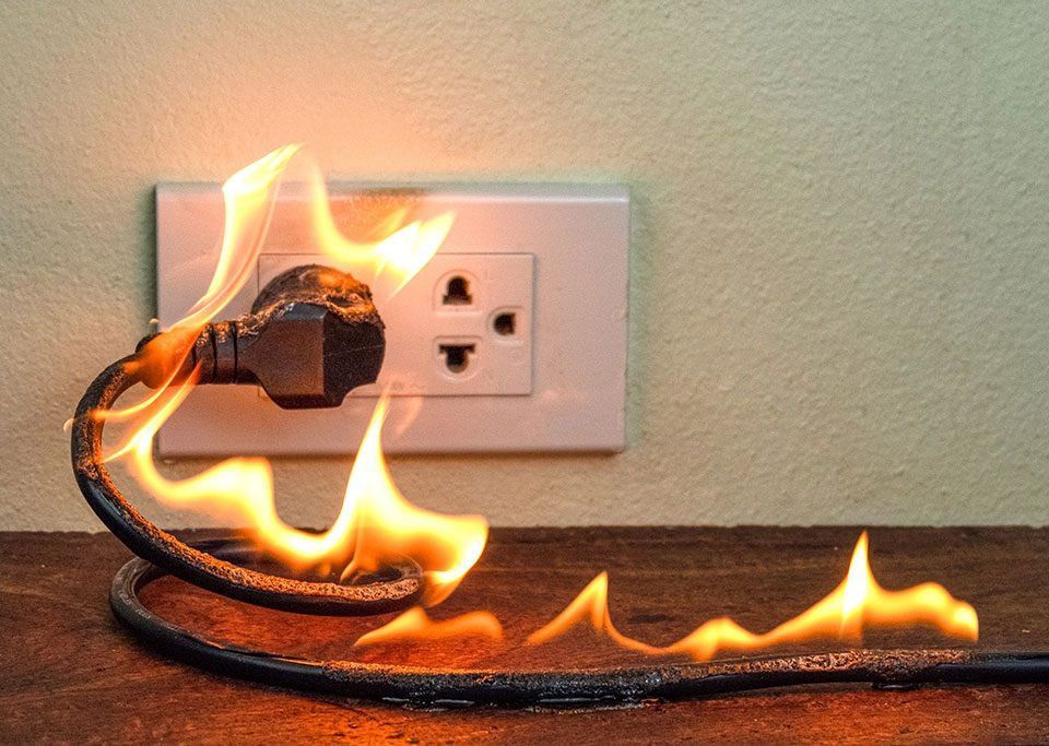 Burning electrical cord plugged into a wall outlet, with flames along the cable and socket area