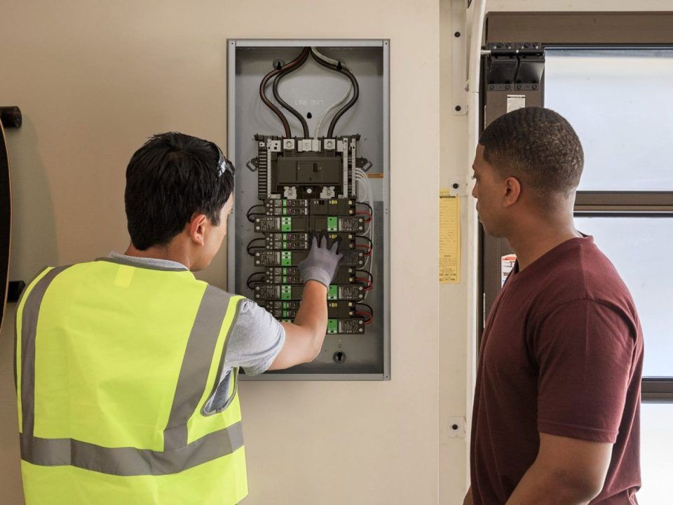 Two workers inspect an electrical panel in a wall-mounted cabinet.