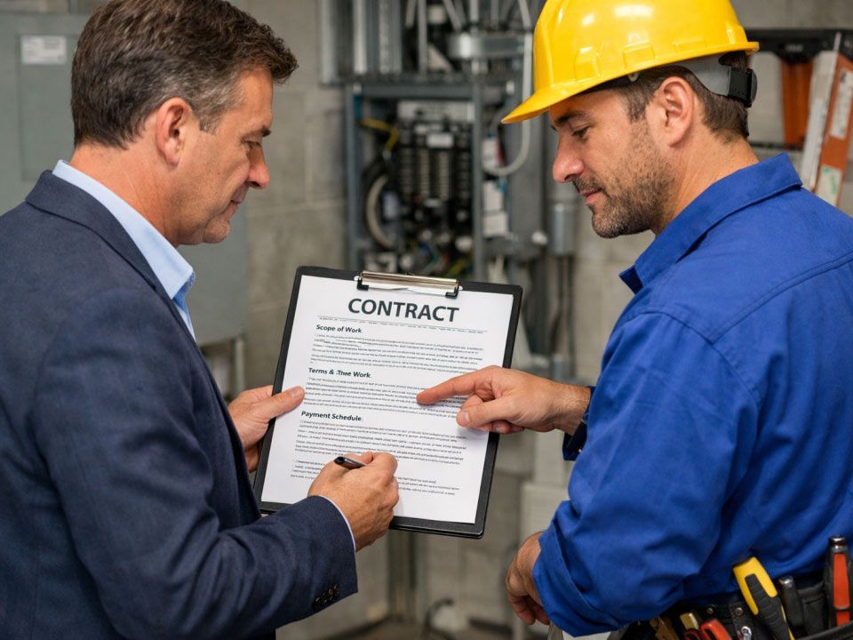 Two workers in a workshop reviewing a contract on a clipboard, one pointing at the document.