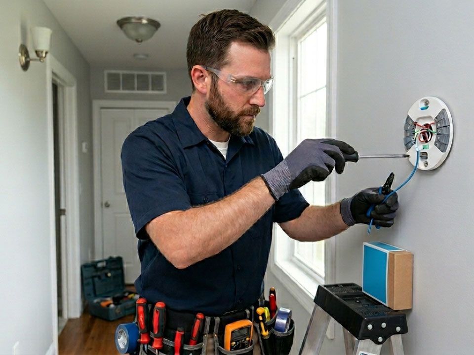 Technician wiring a wall-mounted electrical device in a hallway, with tools on his belt.
