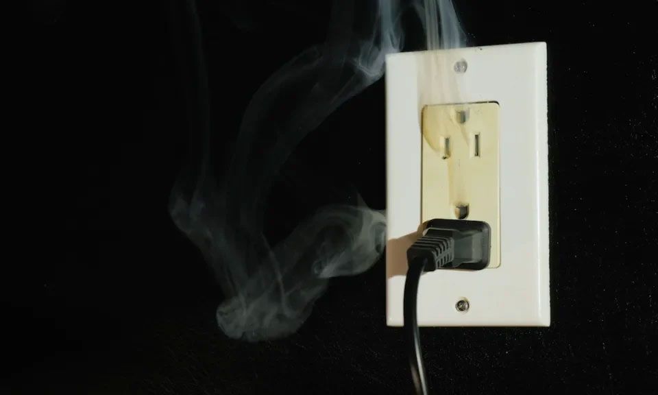 Burning electrical outlet with smoke rising from a black plug on a white wall plate