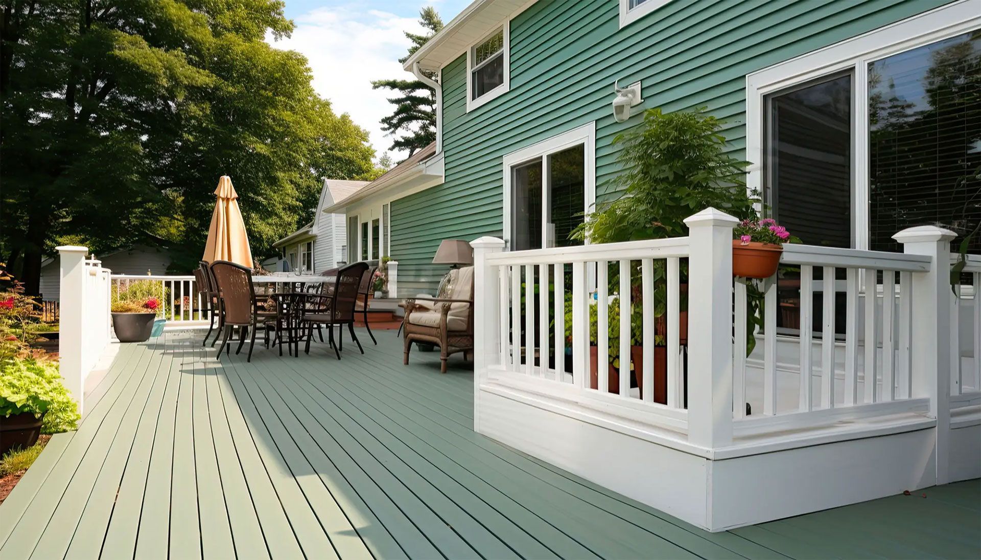 Green deck with white railing and outdoor dining set next to a green house.