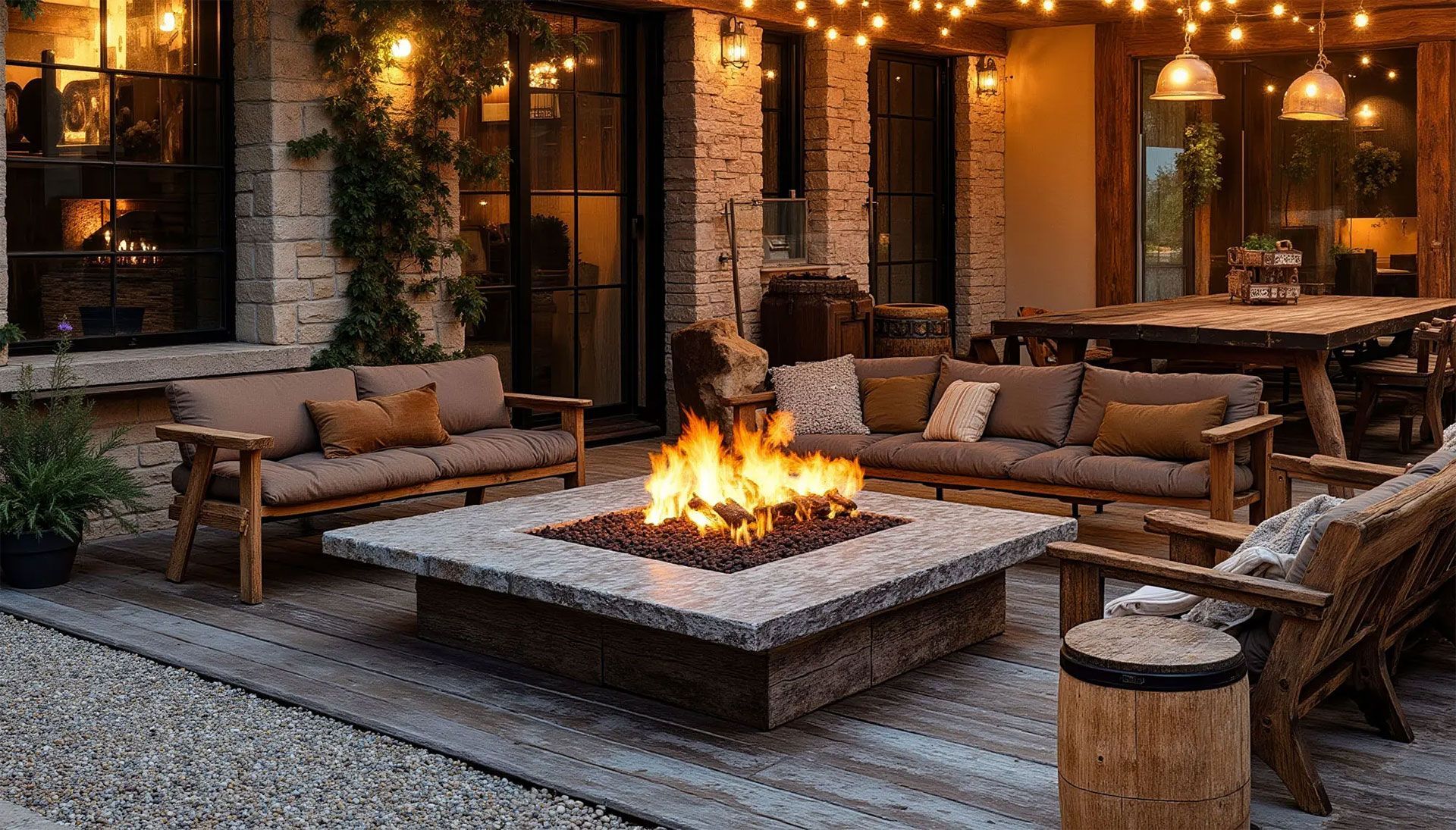 Outdoor patio with a lit fire pit surrounded by seating and string lights.