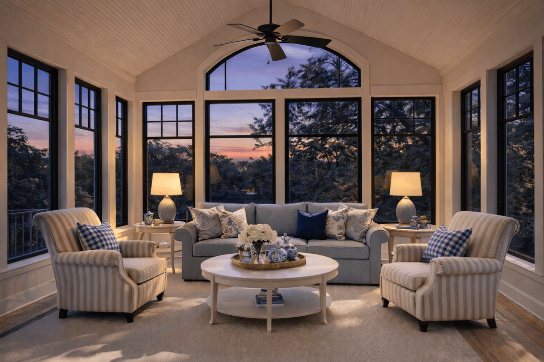 Sunroom with blue-gray sofa, striped armchairs, round coffee table, and large windows with a dusk view.