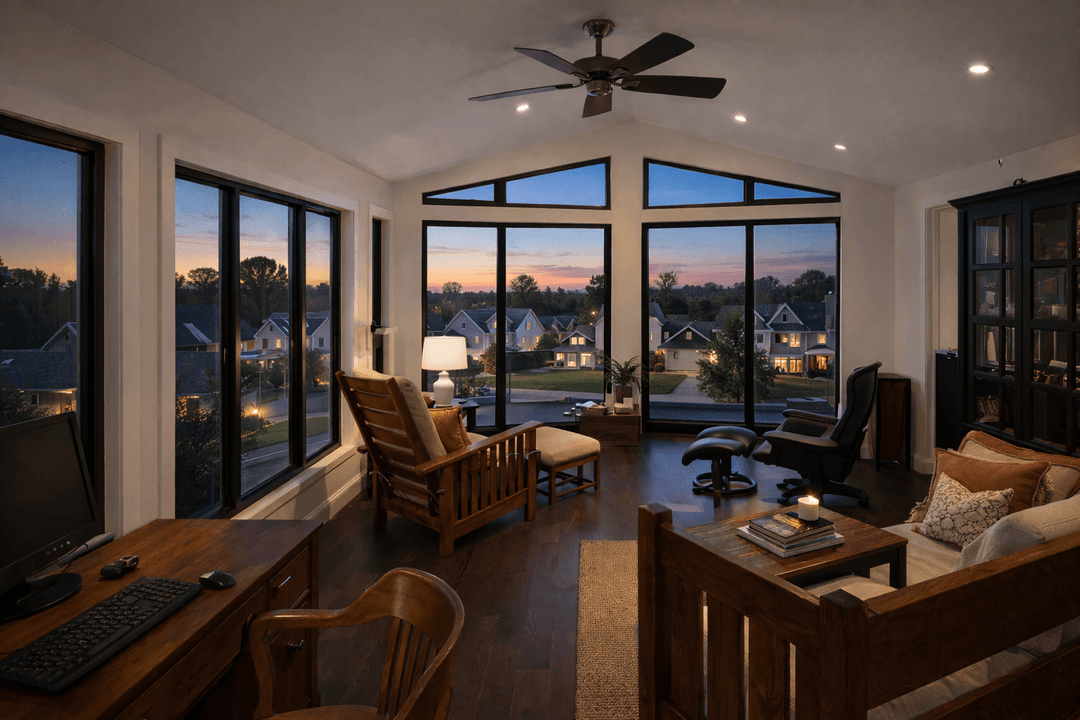 Sunroom with large windows overlooking a neighborhood at dusk; furnished with chairs, desk, and a ceiling fan.