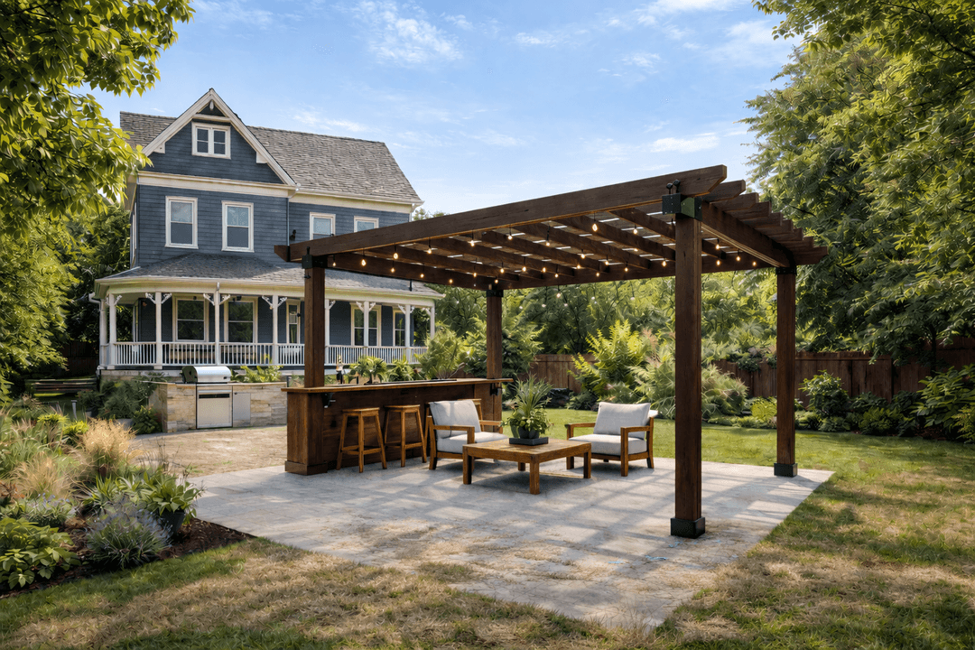 Outdoor patio with pergola, bar, seating, and a house in the background. Green grass and trees surround the space.