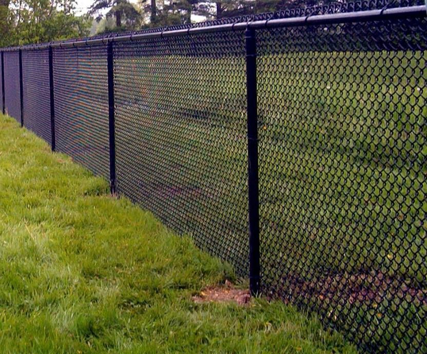 Black chain-link fence beside a grassy slope and trees on a cloudy day