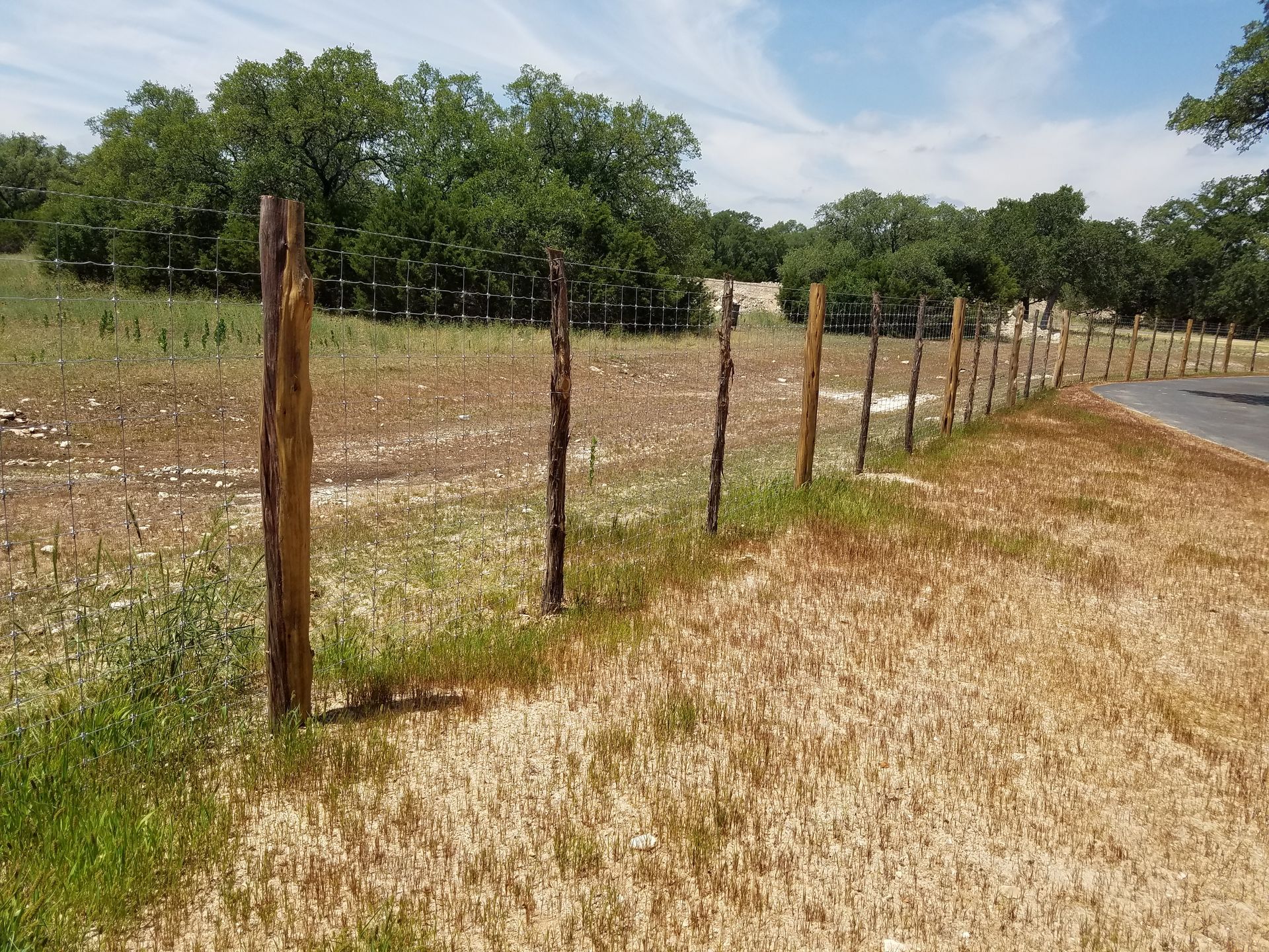 Wooden fence posts lining a grassy roadside beside a dry field under a clear sky