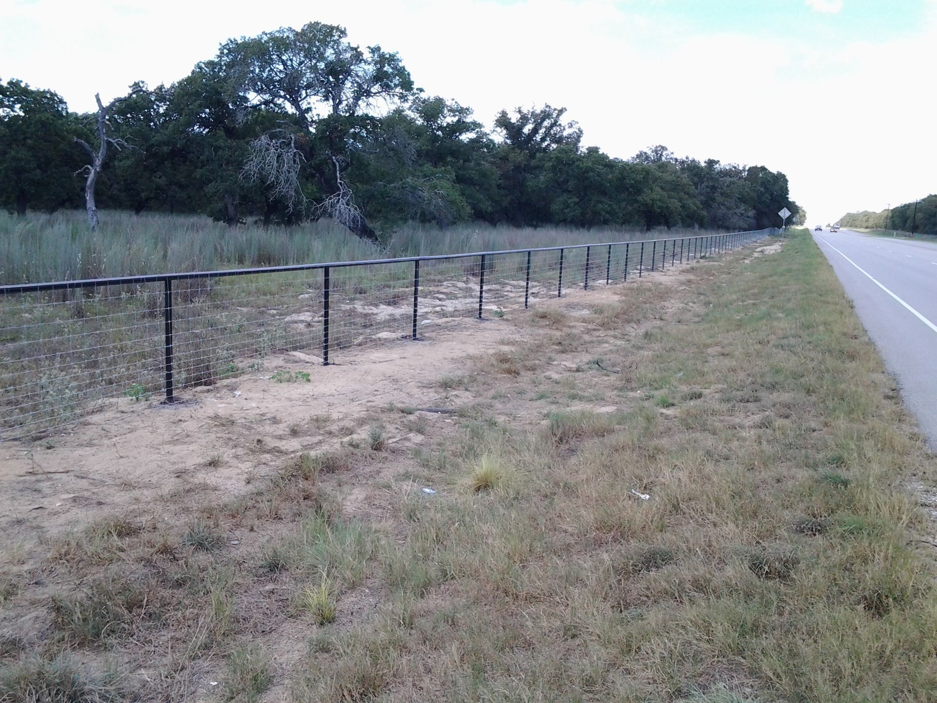 Rural roadside with a wire fence beside dry grass and trees under an overcast sky