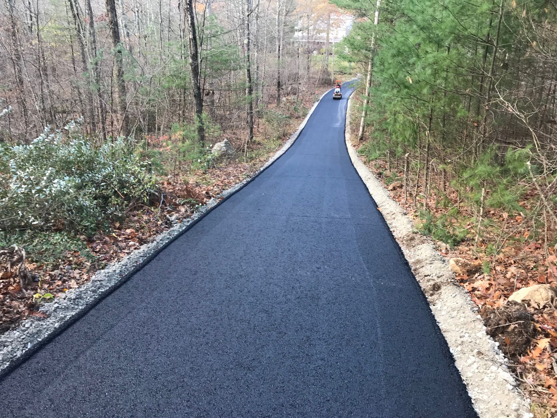 A car is driving down a road in the woods.