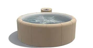 Inflatable tan hot tub with clear water, on a white background.