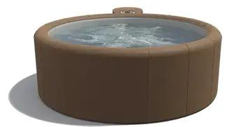 Brown, inflatable hot tub filled with water, outdoors.