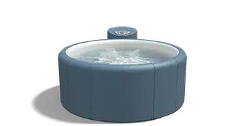 Round, inflatable blue hot tub with water and a control panel.