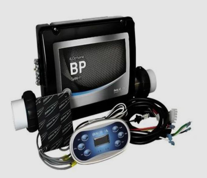 Spa control system components including a control box, topside panel, and wiring.