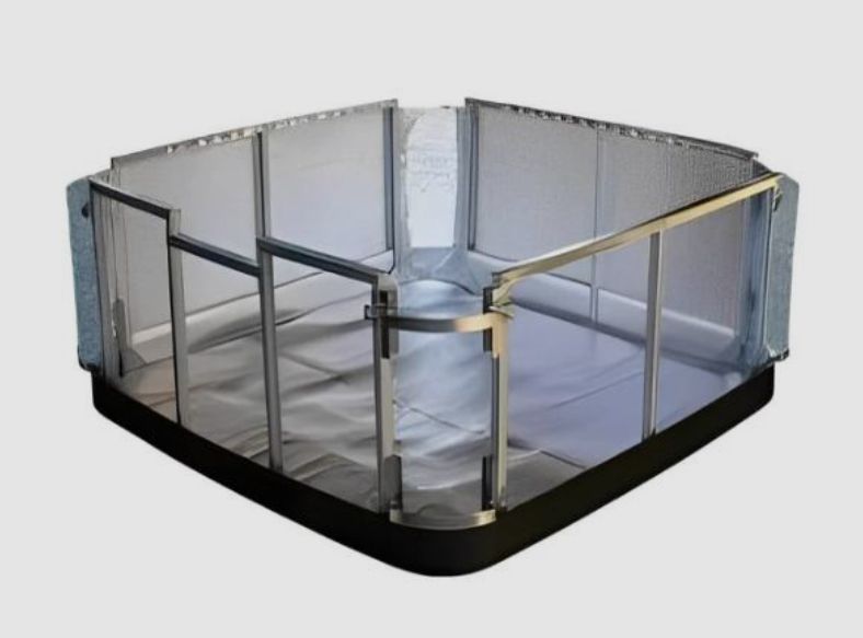 A modular, square-shaped water containment system. Silver metal frame, light gray walls, dark base.