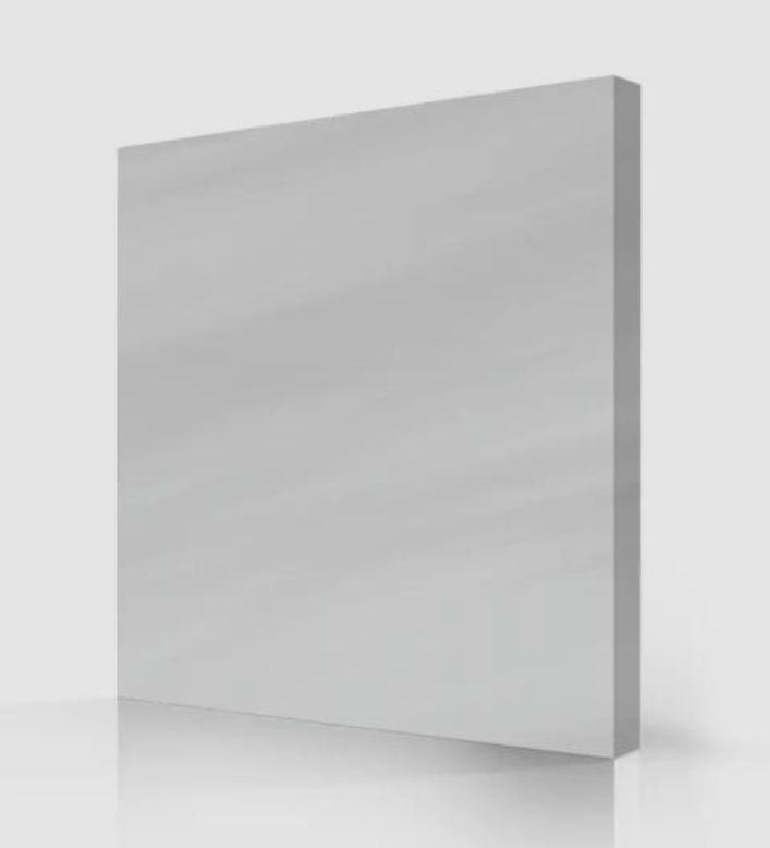 Square, light-gray panel angled slightly, reflecting on a smooth white surface.