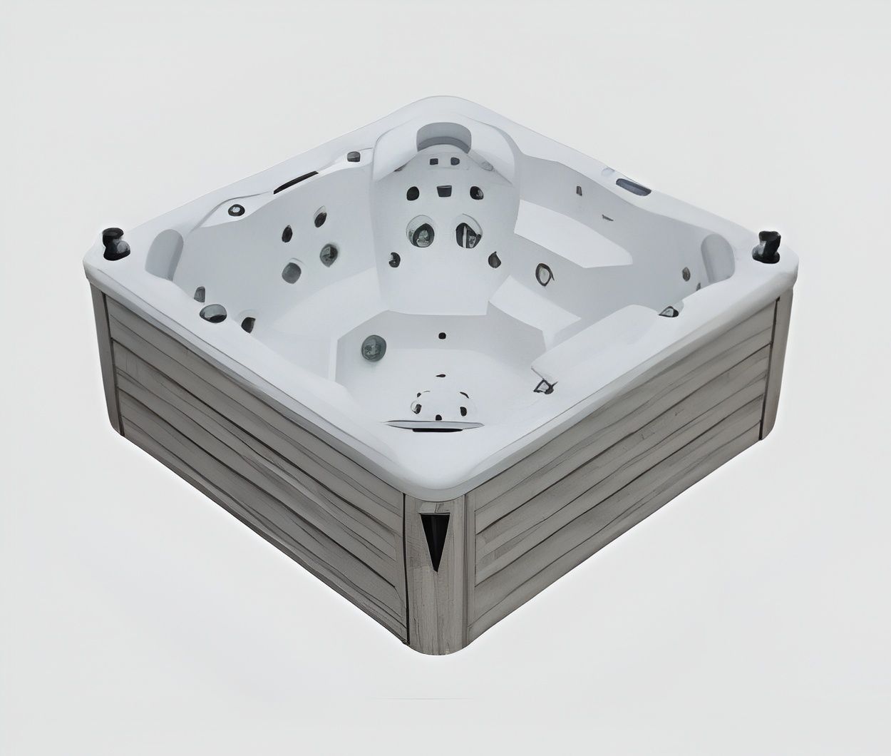 Square, light gray hot tub with interior jets and gray textured exterior.