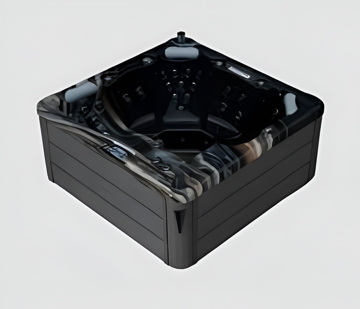 Black corner hot tub with dark gray siding.