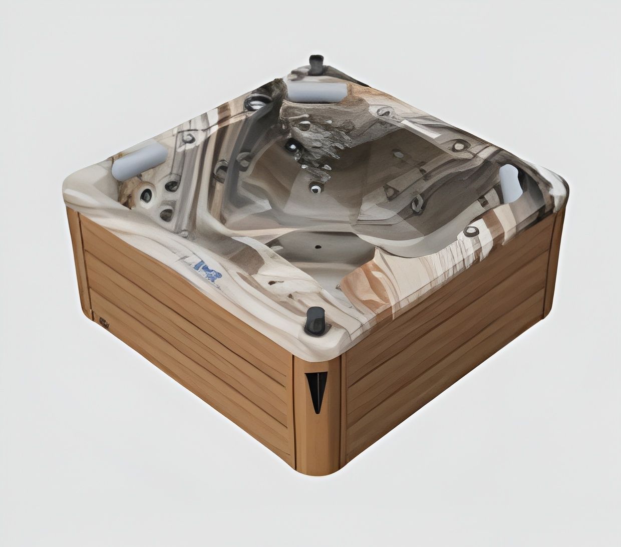 Square hot tub with brown exterior and beige marbled interior, jets visible.