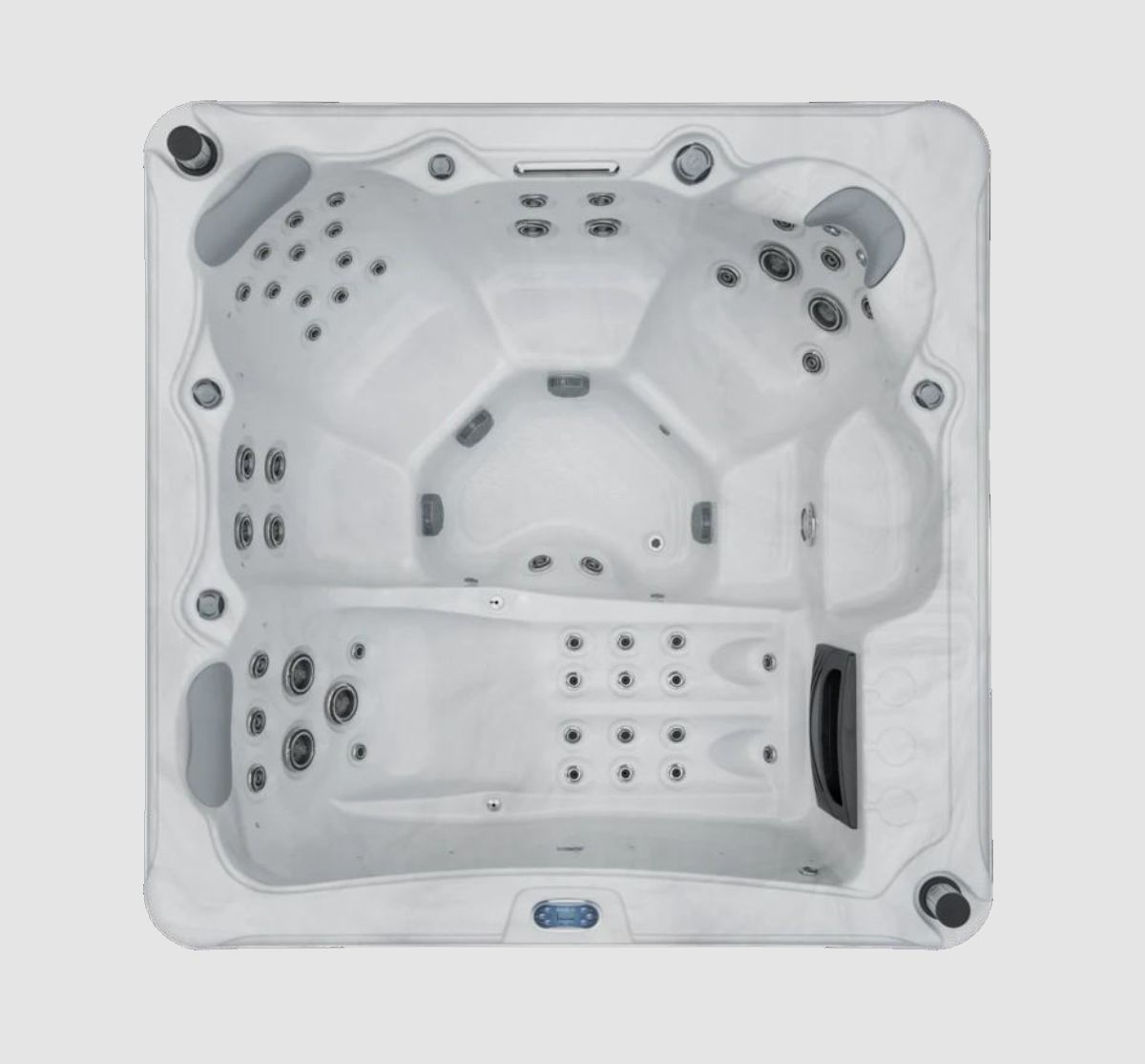 Overhead view of a white, square hot tub with multiple jets, seating areas, and a filter in a light gray setting.