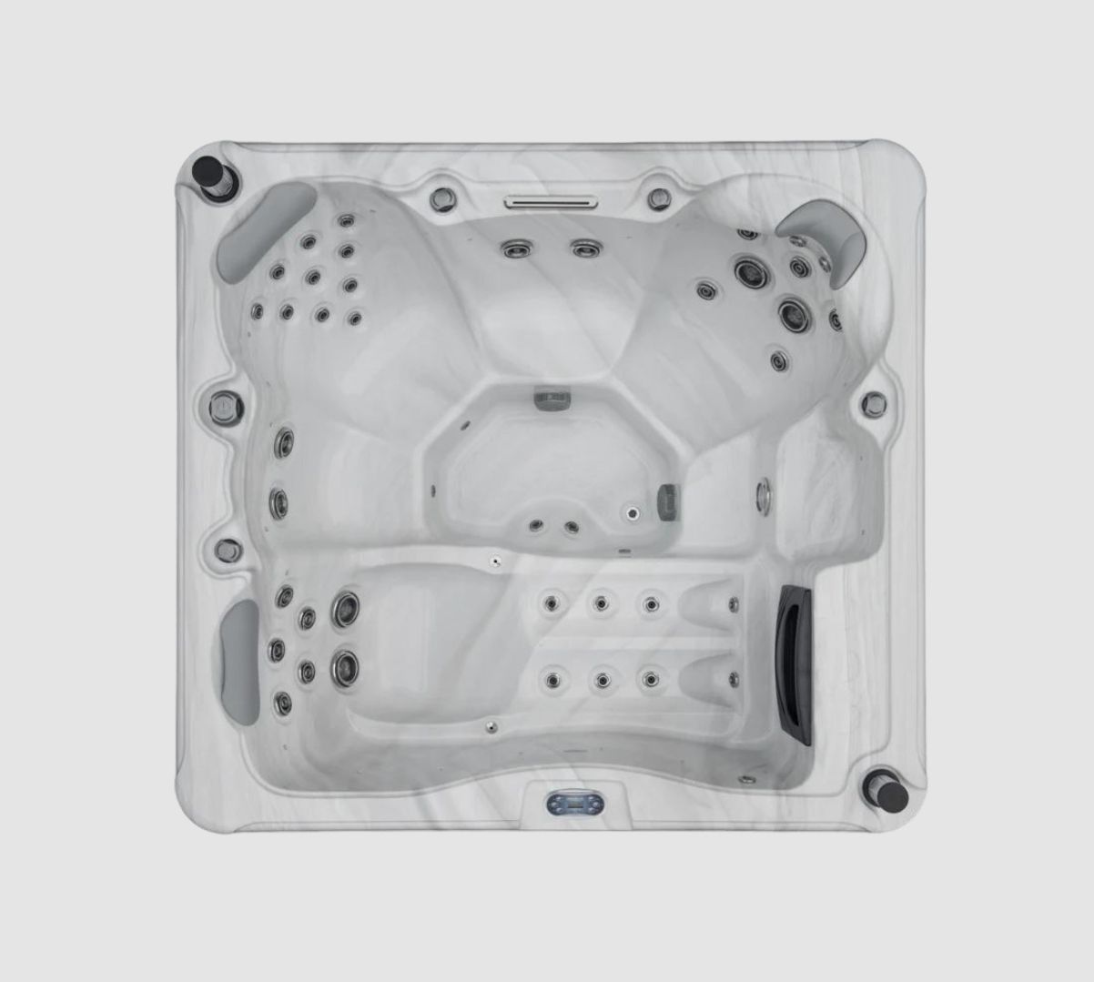 Overhead view of a square hot tub with multiple seating areas and jets. Gray and white color scheme.
